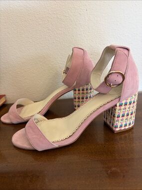 1901 Ellery Mauve Pink Suede Block Plaid Heel Sandals with Ankle Strap 8.5